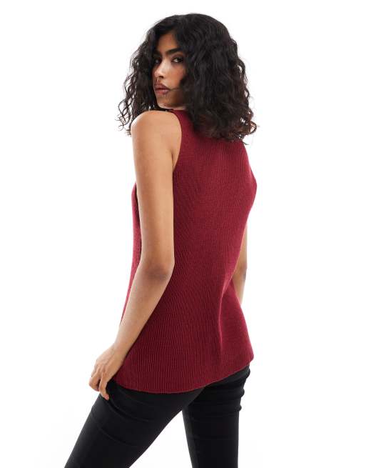 ASOS DESIGN knitted longline v waistcoat in burgundy, 3 of 4