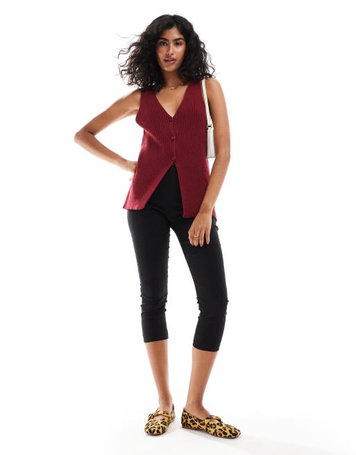 ASOS DESIGN knitted longline v waistcoat in burgundy, 4 of 4