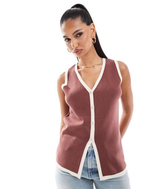 ASOS DESIGN knitted longline v waistcoat in chocolate - view 1