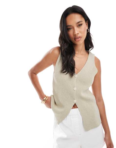 ASOS DESIGN knitted longline v waistcoat in stone - view 1