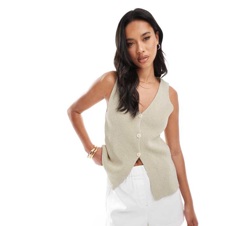 ASOS DESIGN knitted longline v waistcoat in stone ASOS