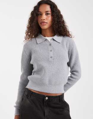 ASOS DESIGN ASOS DESIGN knitted loose knit collar henley jumper in light grey