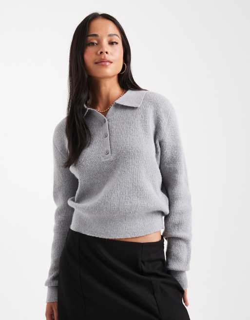 ASOS DESIGN knitted loose knit collar henley jumper in light grey