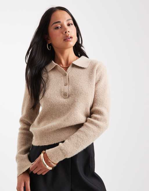 ASOS DESIGN knitted loose knit collar henley jumper in oatmeal