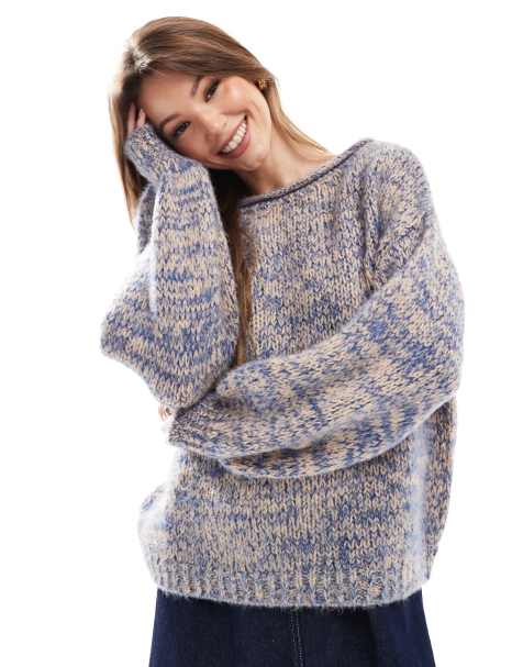 ASOS DESIGN knitted loose knit one shoulder jumper in blue twist yarn - view 1
