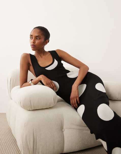 ASOS DESIGN knitted maxi dress in black with ecru polka dots - view 1