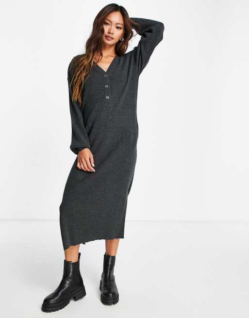 ASOS DESIGN knitted maxi dress with button placket and pockets in gray