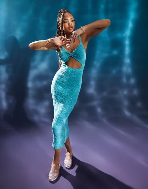 ASOS DESIGN knitted maxi dress with cut out detail in space dye in blue, 2 of 4