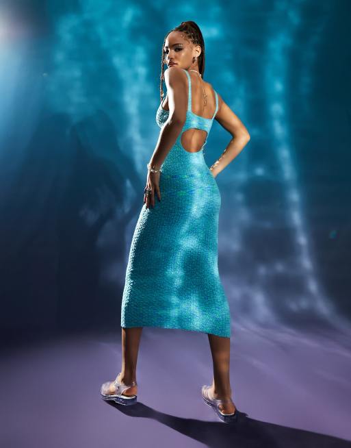 ASOS DESIGN knitted maxi dress with cut out detail in space dye in blue, 4 of 4