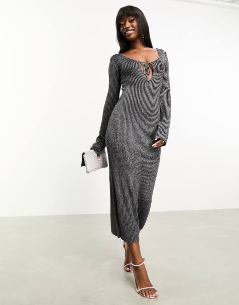 Aria Cove liquid satin halterneck thigh split maxi dress in silver