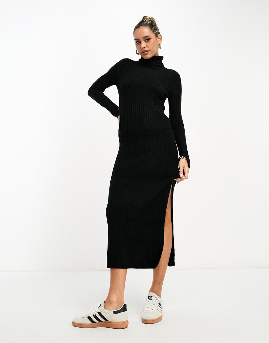 ASOS DESIGN knitted maxi dress with high neck and side split in black