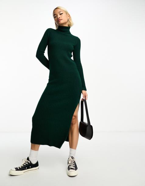 ASOS DESIGN knitted maxi dress with high neck and side split in dark green - view 1