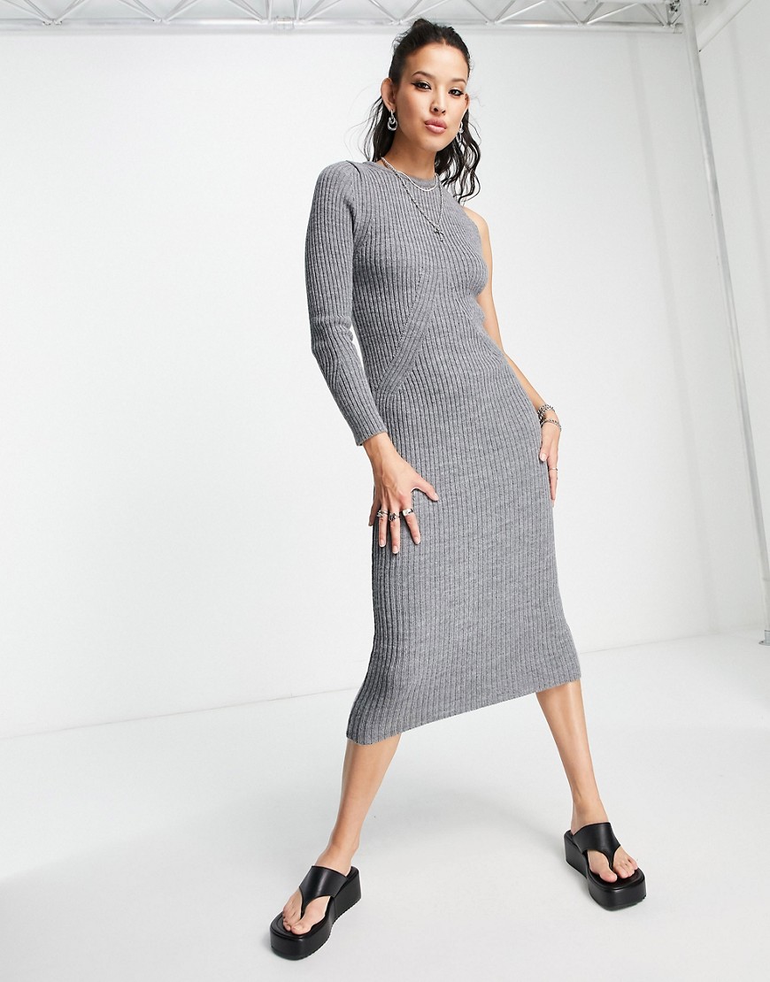 ASOS DESIGN knitted maxi dress with one shoulder in grey