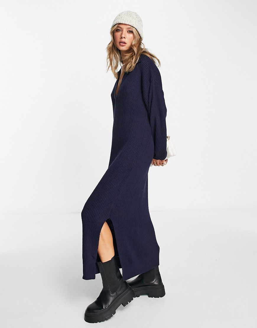 ASOS DESIGN knitted maxi dress with open collar in navy