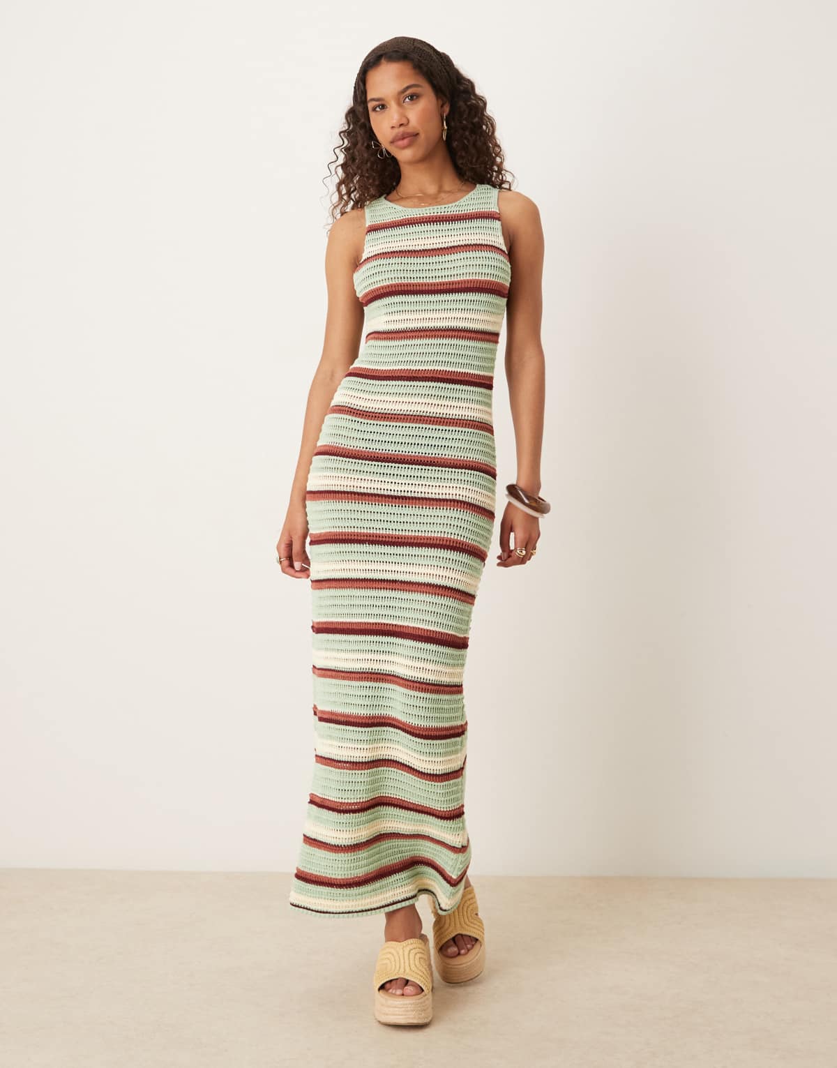 ASOS DESIGN knitted maxi dress with open scoop back in green stripe