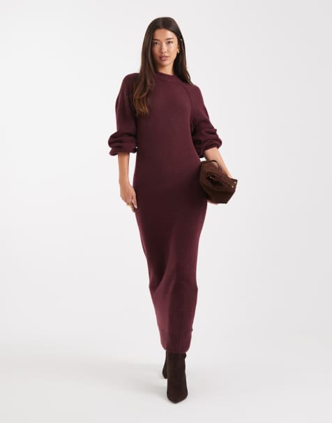 ASOS DESIGN knitted maxi dress with raglan detail in plum - view 1
