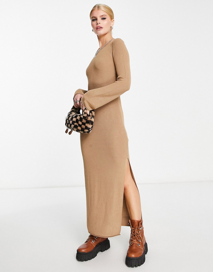 ASOS DESIGN knitted maxi dress with side split in camel-Brown