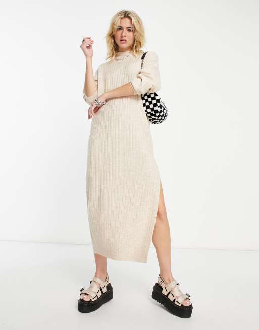 ASOS DESIGN knitted maxi dress with side split in wide rib in oatmeal