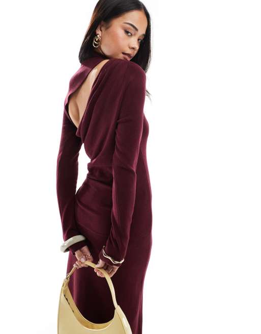 ASOS DESIGN knitted maxi dress with slash back detail  in burgundy, 4 of 4