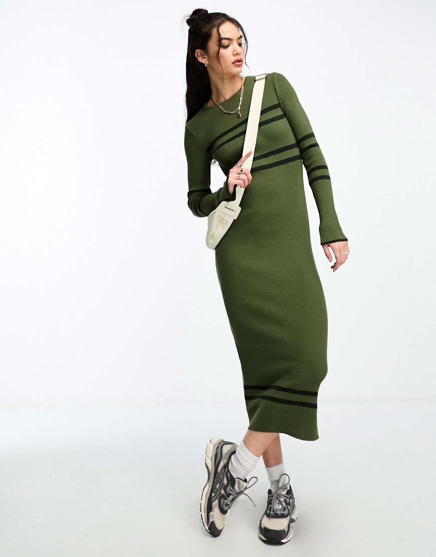 ASOS DESIGN knitted maxi dress with sporty stripe in khaki-Green