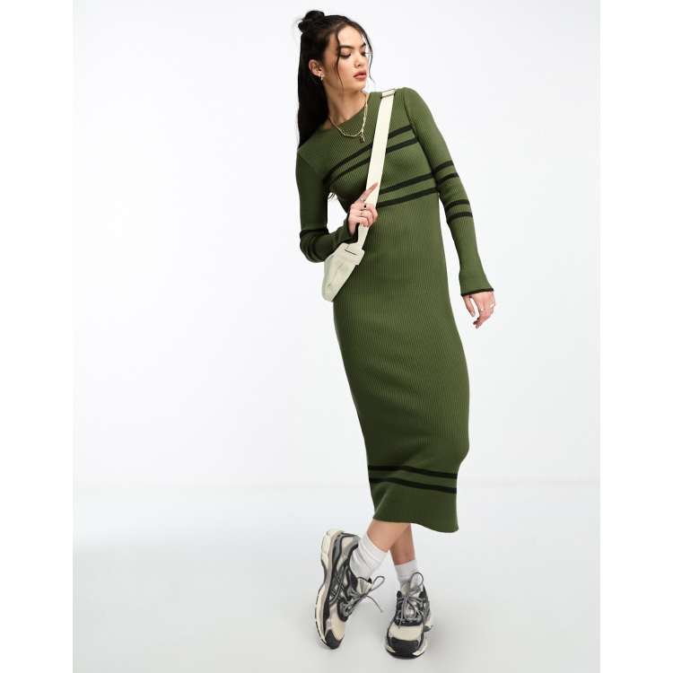 ASOS DESIGN knitted maxi dress with sporty stripe in khaki