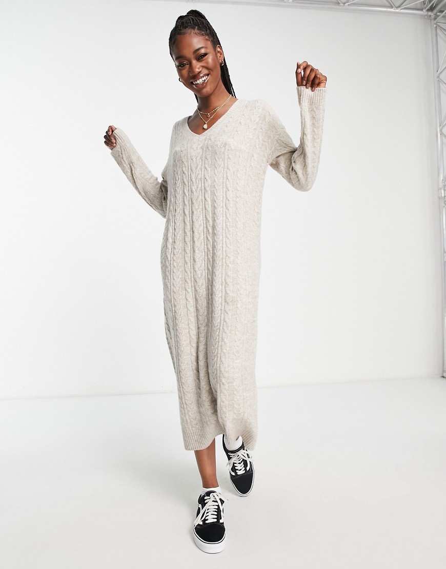ASOS DESIGN knitted maxi jumper dress in cable in oatmeal-Neutral