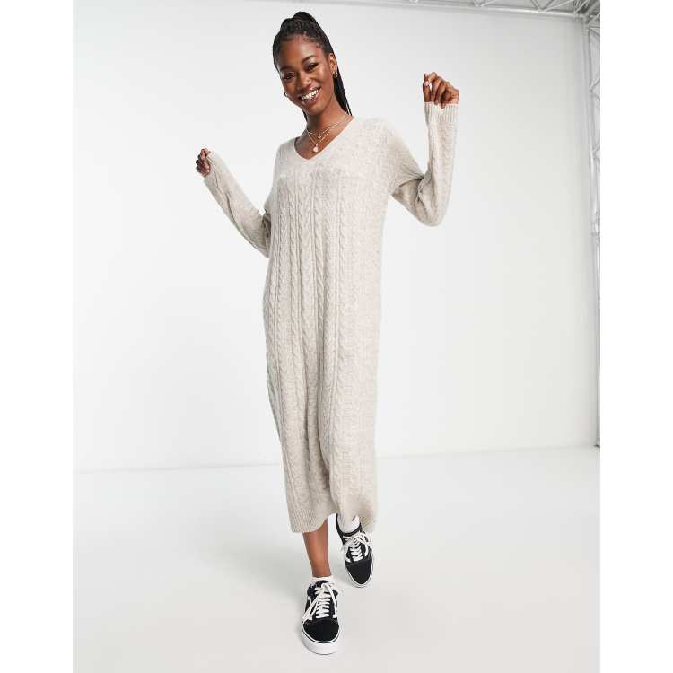 ASOS DESIGN knitted maxi jumper dress in cable in oatmeal