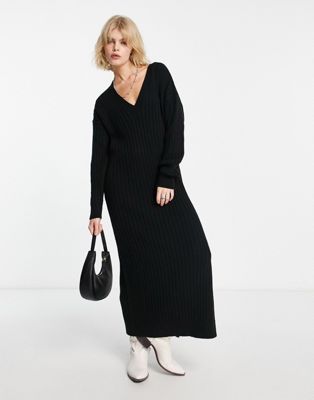 ASOS DESIGN knitted maxi jumper dress with v neck in black | ASOS