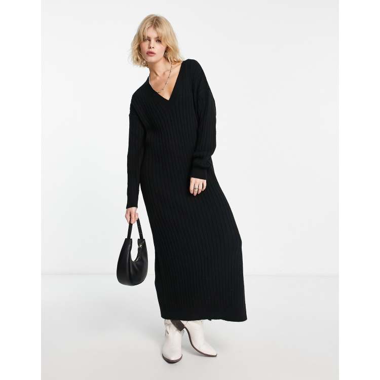 ASOS DESIGN knitted maxi jumper dress with v neck in black