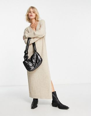 ASOS DESIGN knitted maxi jumper dress with v neck in oatmeal