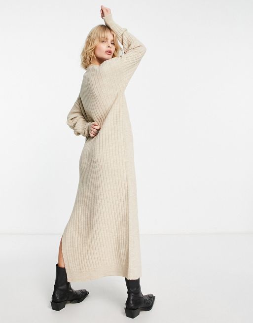 ASOS DESIGN knitted maxi jumper dress in cable in oatmeal