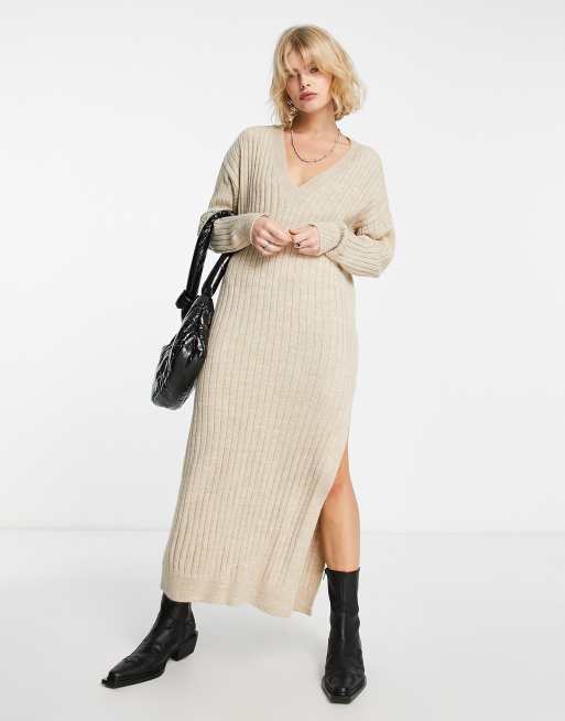 ASOS DESIGN Tall knitted maxi sweater dress with v neck in oatmeal