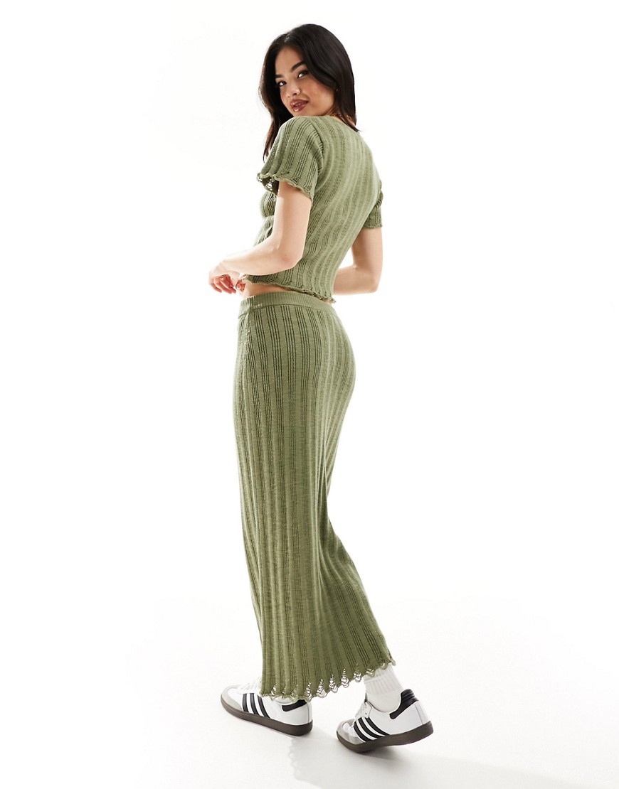 ASOS DESIGN knitted maxi skirt in rib co-ord in khaki-Green