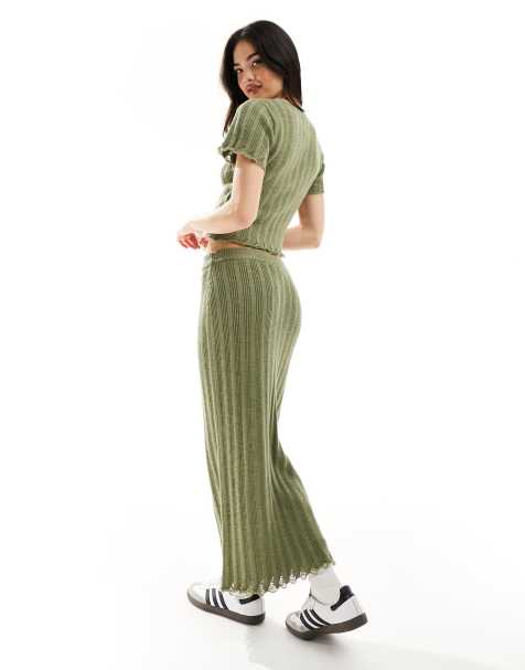 ASOS DESIGN knitted maxi skirt in rib in khaki - part of a set - view 1