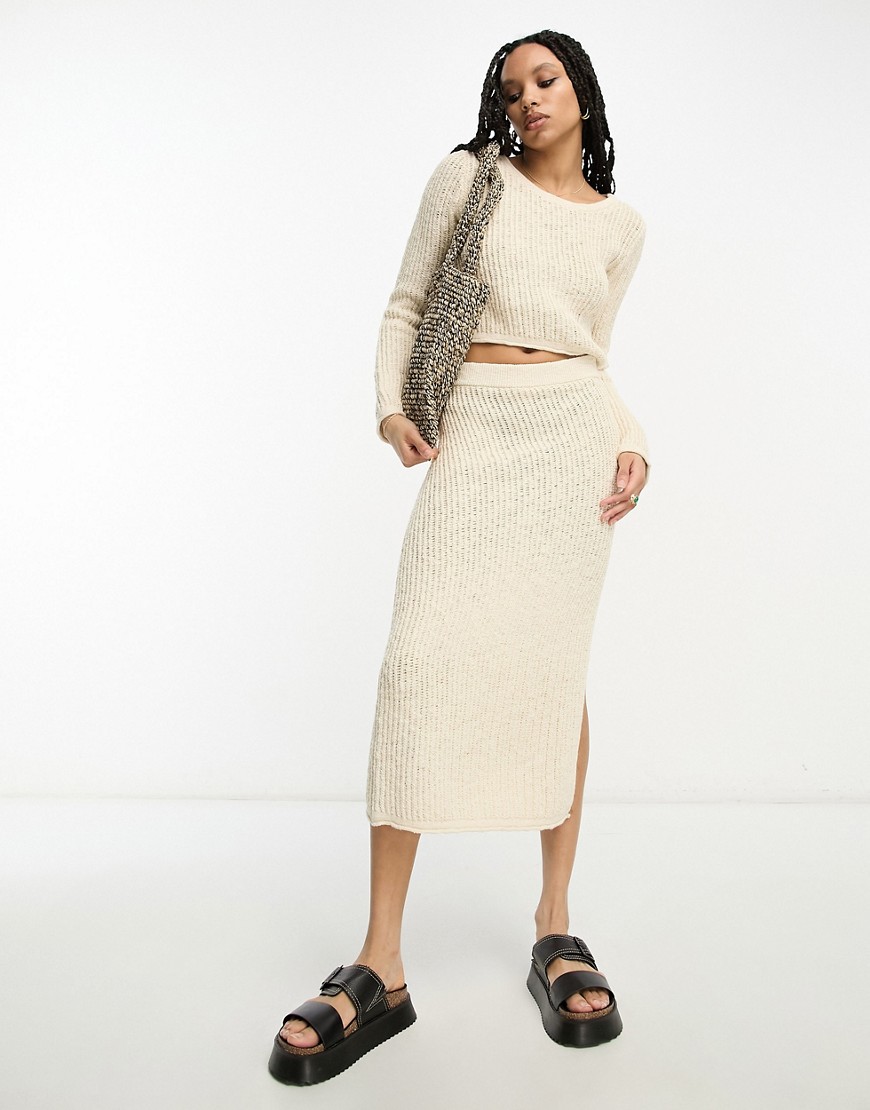 ASOS DESIGN knitted maxi skirt in textured ladder stitch in cream co-ord-White