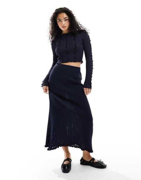 ASOS DESIGN knitted maxi skirt with frill and seam detail co-ord in navy - view 1