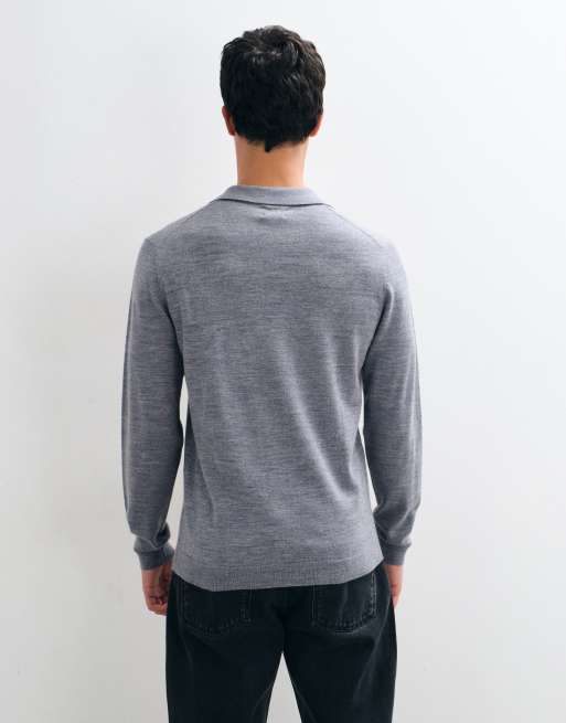 ASOS DESIGN knitted merino long sleeve notch neck polo in gray, 2 of 5