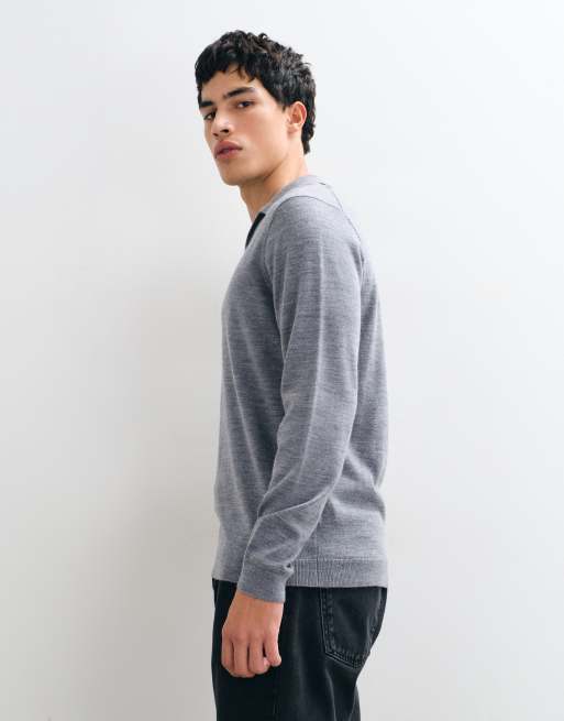 ASOS DESIGN knitted merino long sleeve notch neck polo in gray, 3 of 5