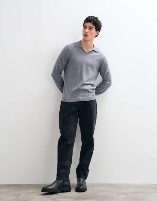 ASOS DESIGN knitted merino long sleeve notch neck polo in gray, 5 of 5