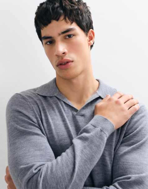 ASOS DESIGN knitted merino long sleeve notch neck polo in grey - view 1