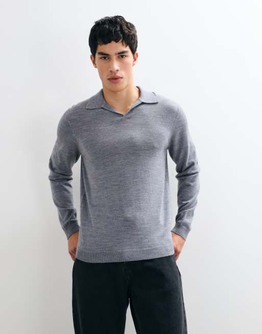 ASOS DESIGN knitted merino long sleeve notch neck polo in grey, 4 of 5