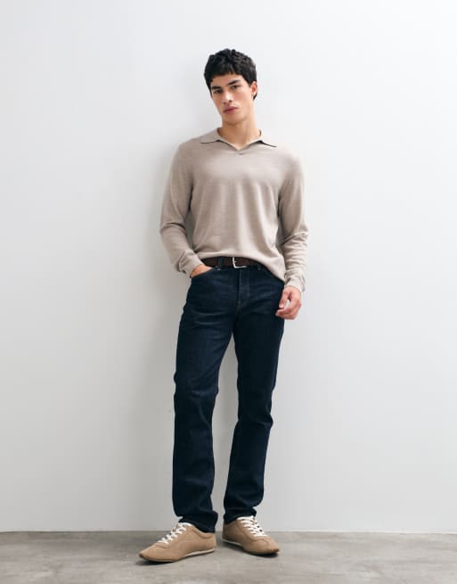 ASOS DESIGN knitted merino long sleeve notch neck polo in taupe, 2 of 5