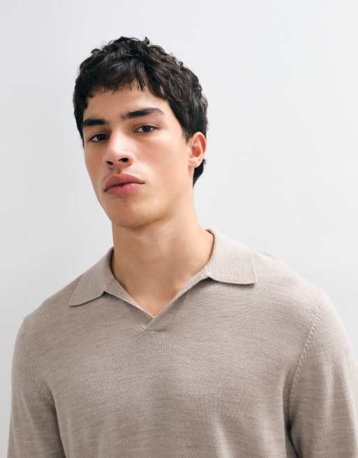 ASOS DESIGN knitted merino long sleeve notch neck polo in taupe, 3 of 5