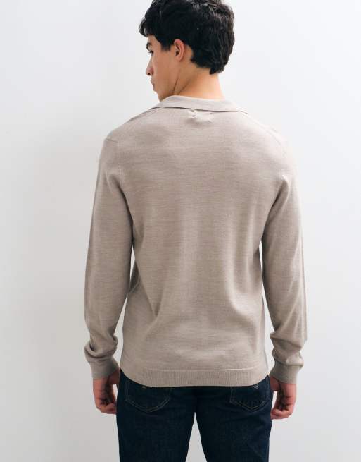 ASOS DESIGN knitted merino long sleeve notch neck polo in taupe, 4 of 5