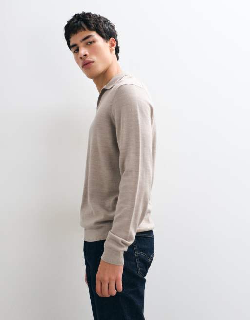 ASOS DESIGN knitted merino long sleeve notch neck polo in taupe, 5 of 5