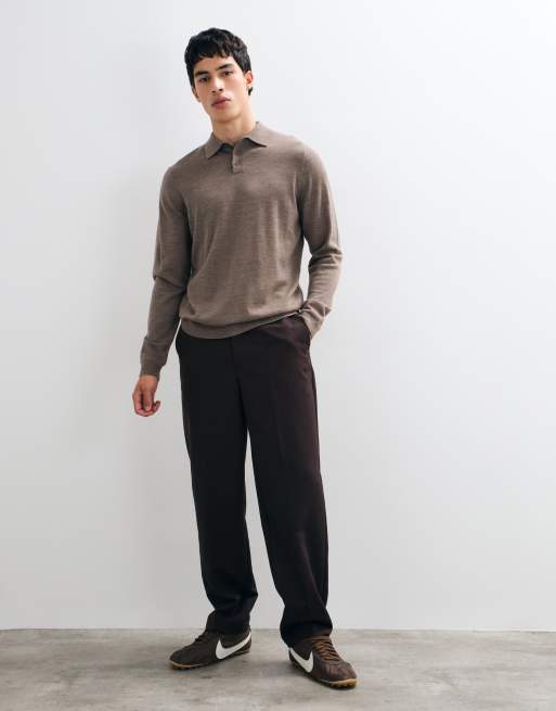 ASOS DESIGN knitted merino long sleeve polo in brown, 2 of 5