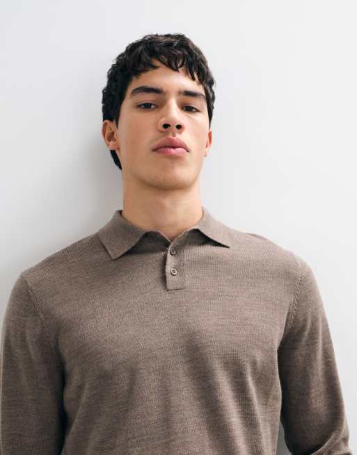 ASOS DESIGN knitted merino long sleeve polo in brown, 3 of 5