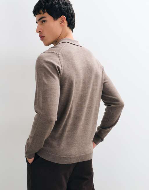 ASOS DESIGN knitted merino long sleeve polo in brown, 4 of 5