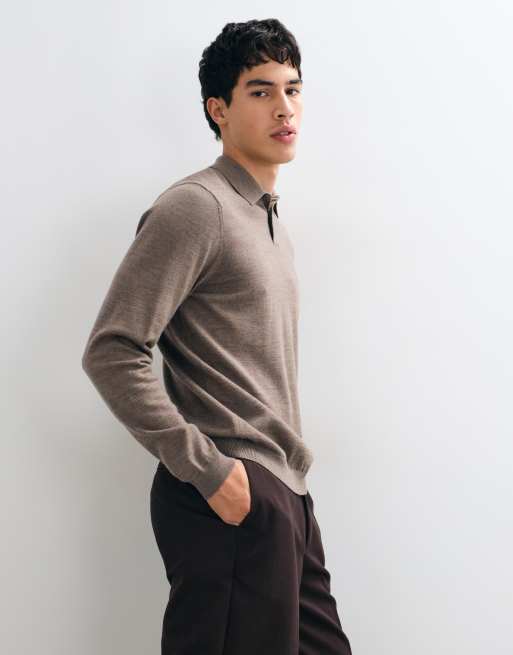 ASOS DESIGN knitted merino long sleeve polo in brown, 5 of 5