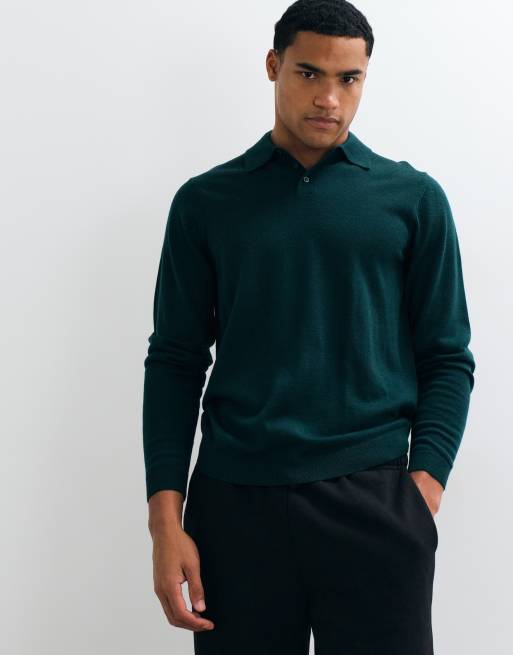 ASOS DESIGN knitted merino long sleeve polo in green, 3 of 5